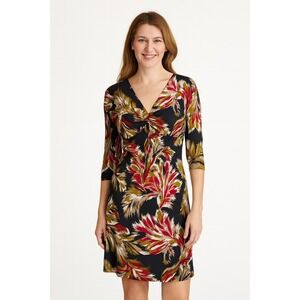 Boden Twist Front V-Neck Dress Size 4 Leaf Print Red Gold Black Boho Semi-Formal